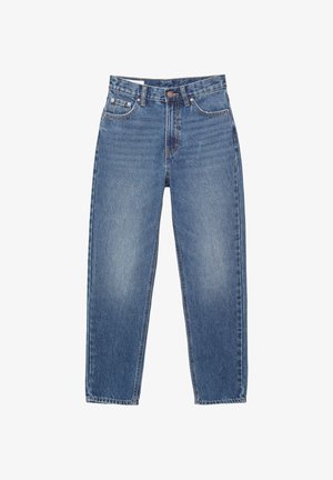 Jeans din denim de culoare albastră deschisă, cu talie înaltă, design drept, cinci buzunare și detalii de coasere portocalii. Finisaj uzat pe partea din față.