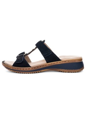 Black suede open-toe slide sandal with two adjustable straps, tan cushioned insole, and textured brown and navy rubber sole.