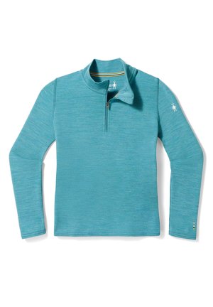 Türkisfarbener Langarm-Pullover mit Viertel-Reißverschluss am Kragen, kleinem weißen Logo auf dem linken Ärmel und mehrfarbigem Streifendetail im Krageninnenseite.