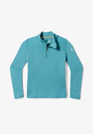 Pull-over à manches longues couleur sarcelle avec col demi-zip, petit logo blanc sur la manche gauche, et détail rayé multicolore à l'intérieur du col.