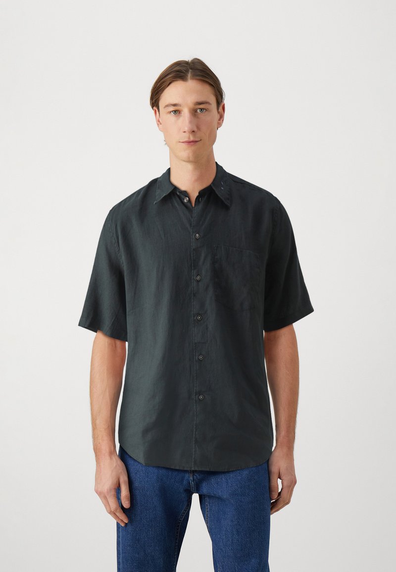 Short-sleeve, dark gray button-up shirt with a chest pocket, made of lightweight fabric, featuring a regular fit and soft texture.
