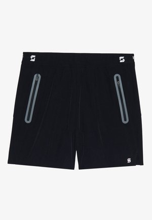 Black athletic shorts with elastic waistband, two vertical zippered pockets outlined in reflective material, and a small white logo on the left leg.