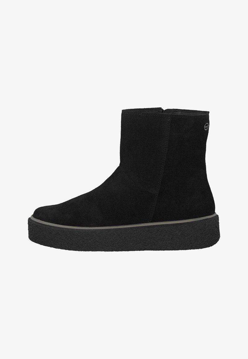 Botte mi-mollet en daim noir avec semelle plateforme texturée et fermeture éclair latérale, conçue pour un usage décontracté.