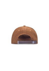 Brown corduroy cap with a rounded crown, adjustable strap at the back, contrasting stitching, and ventilation eyelets.