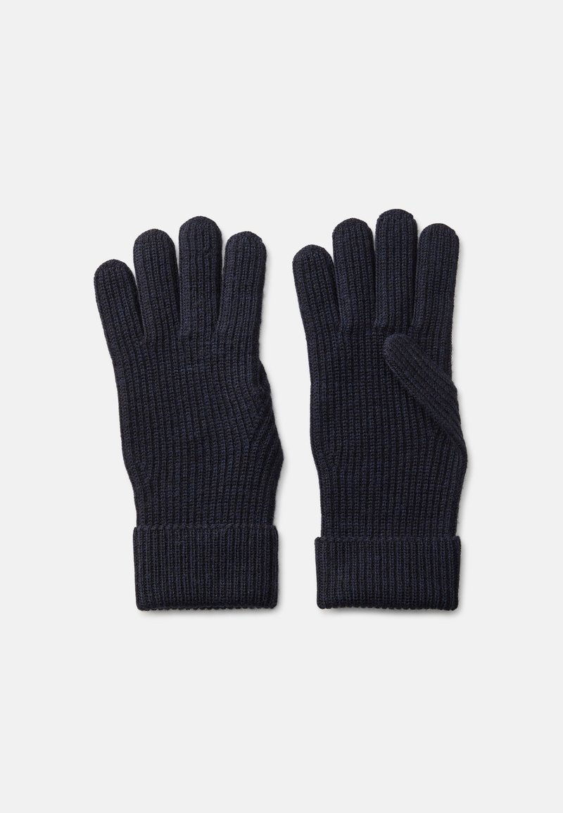 Guanti a maglia a coste blu navy con polsino aderente, dotati di cinque scomparti separati per le dita, per maggiore destrezza e calore.