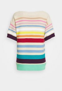 Krótki rękaw, dzianinowa bluzka w poziome paski w kremowym, różowym, niebieskim, żółtym, pomarańczowym, czerwonym, turkusowym, fioletowym i zielonym kolorze na białym tle.