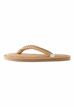 Beige braided flip-flop sandal with flat sole and a small white fabric tag on the strap.