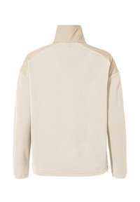 Beige fleece jacket with a high collar and smooth fabric panels on the shoulders, shown from the back.