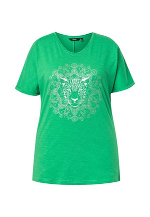 Zelené tričko s krátkým rukávem a kulatým výstřihem, na přední straně zdobené bílým složitým motivem tygří hlavy a květinové mandaly.