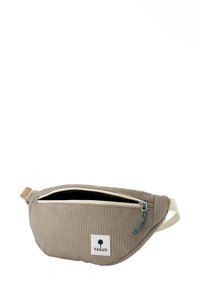 Borsa a vita in tessuto texture marrone chiaro con zip beige, cinturino regolabile e piccolo patch con il logo "Faguo" sulla parte anteriore.
