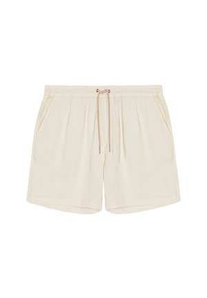 Beżowe casualowe szorty z elastycznym paskiem, regulowanym sznurkiem i bocznymi kieszeniami, zaprojektowane dla wygody i codziennego noszenia.