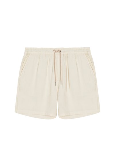 Beige casual shorts with elastic waistband, adjustable drawstring, and side pockets, designed for comfort and everyday wear.