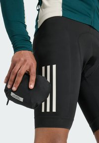 Black cycling shorts with three white vertical stripes on the side, paired with a sea-green long-sleeve top. A black pouch is held in one hand.