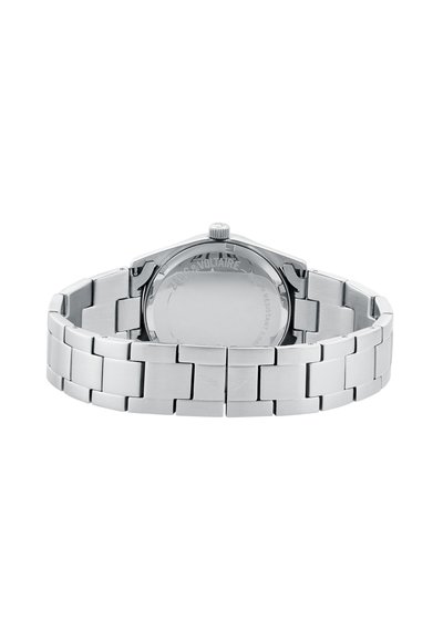 Srebrny stalowy zegarek na rękę z ogniwowym bransoletką i zamkniętym deklem, na którym znajduje się grawer marki oraz szczegóły dotyczące wodoodporności.