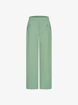 Lichtgroene wijde broek met een elastische tailleband, met twee plooien aan de voorkant, gemaakt van een zachte, gladde stof.
