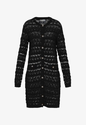 Sort strikket cardigan med et blonde mønster, lange ærmer, knaplukning foran og dekorative sølvknapper. Har en afslappet pasform.