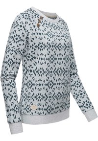 Hanorac gri cu un model geometric de culoare albastru închis, cu manșete și tiv cu elastic. Prezintă trei butoane decorative aproape de guler și un logo în partea de jos.