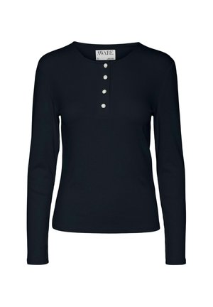 Černý dlouhý rukáv žebrovaný top s henley výstřihem, se pěti kulatými bílými knoflíky vpředu a úzkým střihem.