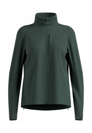 Dunkelgrüne, langärmlige Sportjacke mit hohem Kragen, durchgehendem Reißverschluss, kleiner Brusttasche und perforierten Details an den Ärmeln.