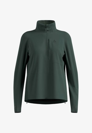 Dark green long-sleeve athletic jacket with high collar, front zipper, small chest pocket, and perforated details on sleeves.