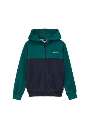 Tmavě zelená a námořnická modrá mikina na zip s předním zipem, nastavitelnou kapucí a logem na hrudi. Hladká tkanina s vroubkovanými manžetami.
