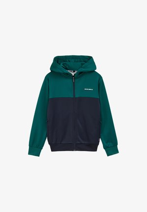 Tamnozelena i mornarsko plava zip-up dukserica s prednjim patentnim zatvaračem, podesivim kapuljačom i logotipom na prsima. Glatka tkanina s rebrastim manžetama.