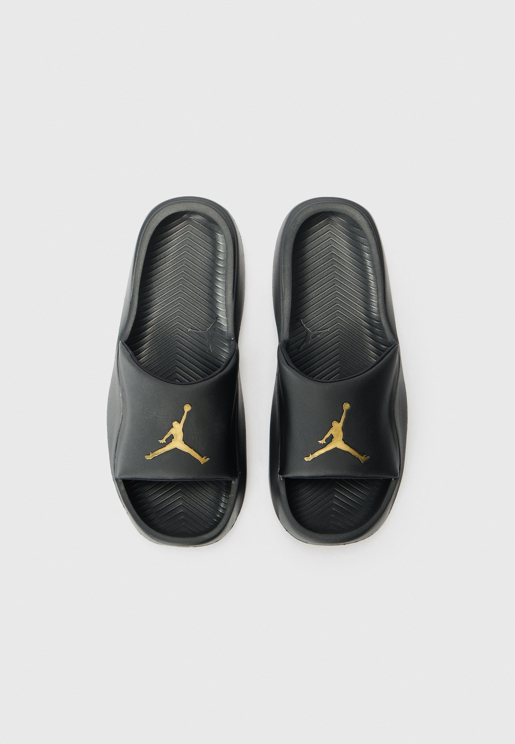 jordan sandals black and gold