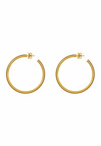 Pendientes de aro en tono dorado con un diseño circular, un acabado suave y pulido, y cierre de presión.