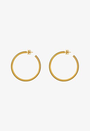 Pendientes de aro en tono dorado con un diseño circular, un acabado suave y pulido, y cierre de presión.