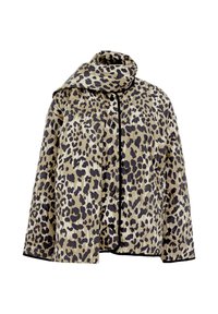 Leopardmönstrad pufferjacka i beige och svart, med hög krage, dragkedja och svart kant längs kanterna.