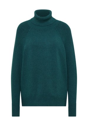 Teal turtleneck sweater med ribbet halsudskæring og manchetter; blød tekstur; afslappet pasform; lange ærmer; minimalistisk design; ingen mønstre eller accenter.