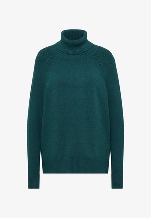 Teal coltrui met geribbelde halslijn en boorden; zachte textuur; relaxed fit; lange mouwen; minimalistisch ontwerp; geen patronen of accenten.