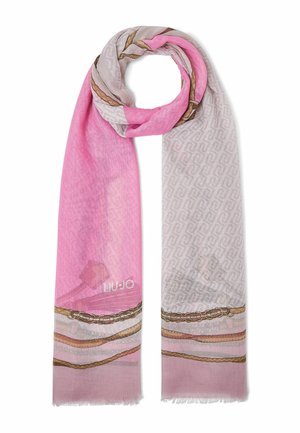 Sciarpa rosa chiaro e beige con motivi a catena e corda e stampa geometrica sottile, disposta a loop con estremità sfrangiate.