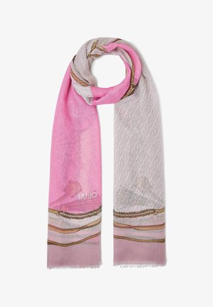 Écharpe rose clair et beige avec motifs de chaînes et de cordes ainsi qu'un imprimé géométrique subtil, disposée en boucle avec des extrémités à franges.