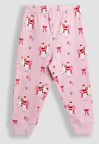 Lyserøde bomulds pajamasbukser med elastisk talje, prydet med et festligt print af enhjørninger og julemanden, sløjfer og gave-motiver over det hele.