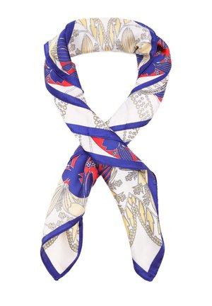 Foulard in seta con un motivo colorato e dettagli in blu, rosso e oro. Forma quadrata con texture liscia e bordo contrastante.