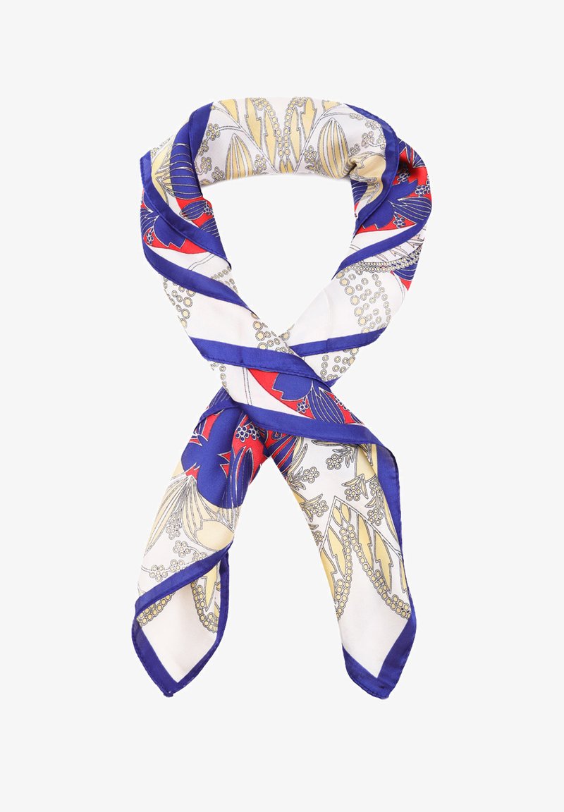 Foulard in seta con un motivo colorato e dettagli in blu, rosso e oro. Forma quadrata con texture liscia e bordo contrastante.