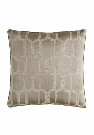 Square beige decorative pillow with a raised geometric pattern of interconnected vertical and horizontal lines.