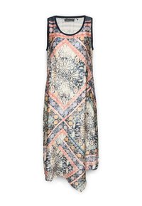 Ärmelloses Kleid aus einem gemusterten Stoff mit geometrischen Formen in Marineblau, Koralle und Creme. Der asymmetrische Saum verleiht dem Kleid eine besondere Note.