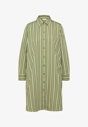 Robe-chemise à manches longues vert olive avec des rayures verticales blanches, une fermeture boutonnée à l'avant, un col pointu et des manches avec poignets.