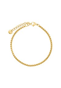 Bracciale placcato oro con design a rete, dotato di chiusura a moschettone e un'estensione della catena regolabile per la personalizzazione delle dimensioni.