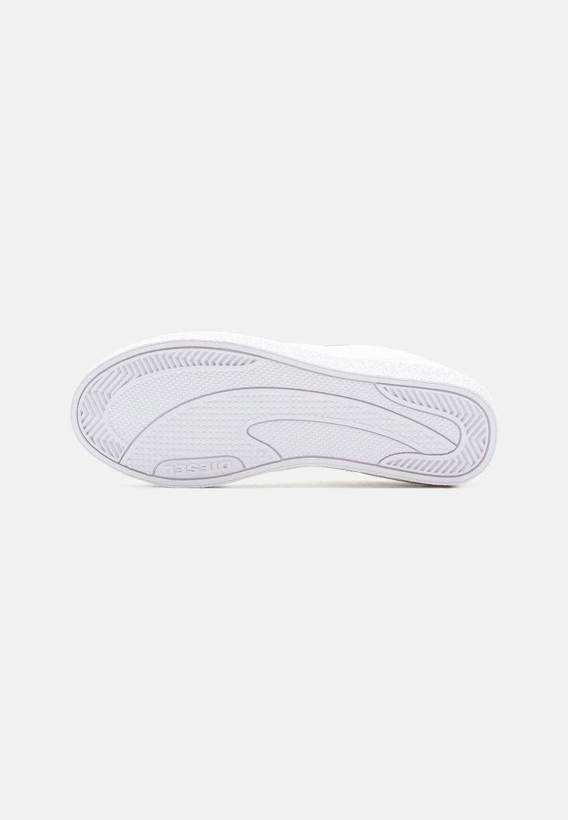 White sneaker sole with textured rubber for grip, featuring a rounded shape and minimalistic design, no distinct patterns or accents.
