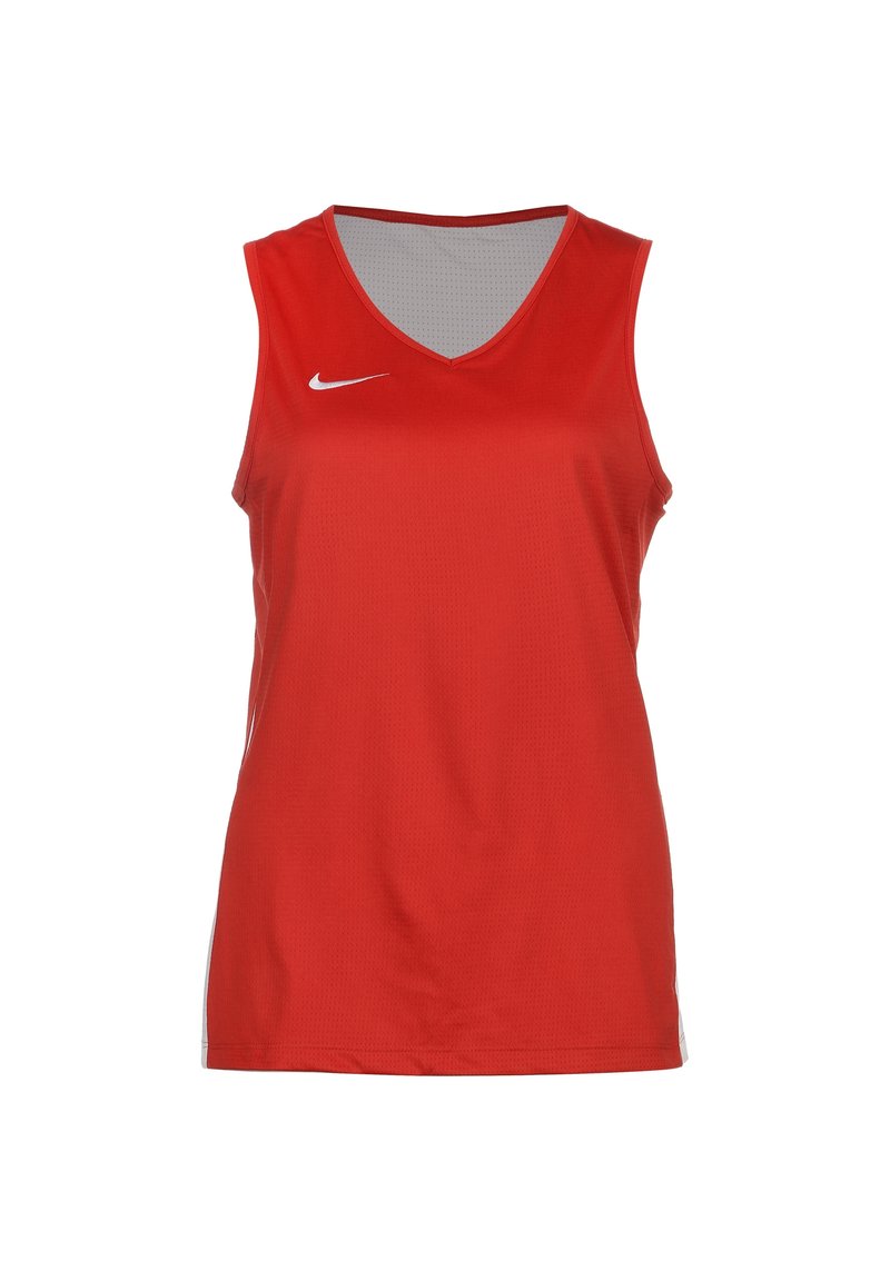 Camiseta atlética sin mangas de color rojo, hecha de un tejido transpirable, con escote en V y el logo blanco de Nike en el lado izquierdo del pecho.