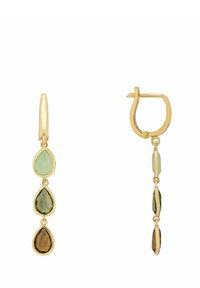 Gold-toned hoop earrings featuring three drop stones: light green, green, and brown in pear shape, with a textured finish.