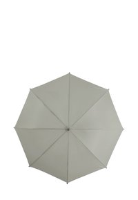 Lichtgrijze paraplu met acht even panelen, gladde stofoppervlak en zwarte kunststof punten op elk uiteinde. Centrale metalen schacht voor ondersteuning.