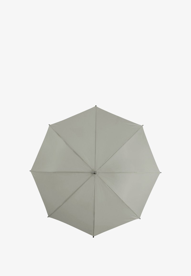 Light grey umbrella with eight even panels, smooth fabric surface, and black plastic tips at each point. Central metal shaft for support.