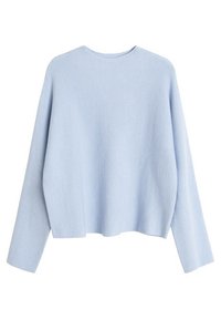 Jersey tejido azul claro con cuello redondo, mangas largas y un ajuste holgado. La textura parece suave y ligeramente texturizada.