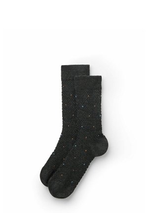 Ciemnoszare skarpetki z fakturowanym wzorem, ozdobione małymi niebieskimi i brązowymi kropkami. Żebrowany brzeg i standardowy kształt skarpetek.