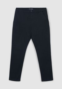 Granatowe bawełniane spodnie o prostym kroju, z kieszeniami z przodu, z zapięciem na guzik oraz minimalistycznymi detalami w szyciu.