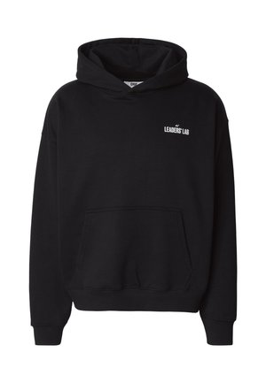 Must musta pullover kapuutsiga, ees kängurutasku ja vasakul rinnal valge "LEADERS' LAB" tekstilogoga.
